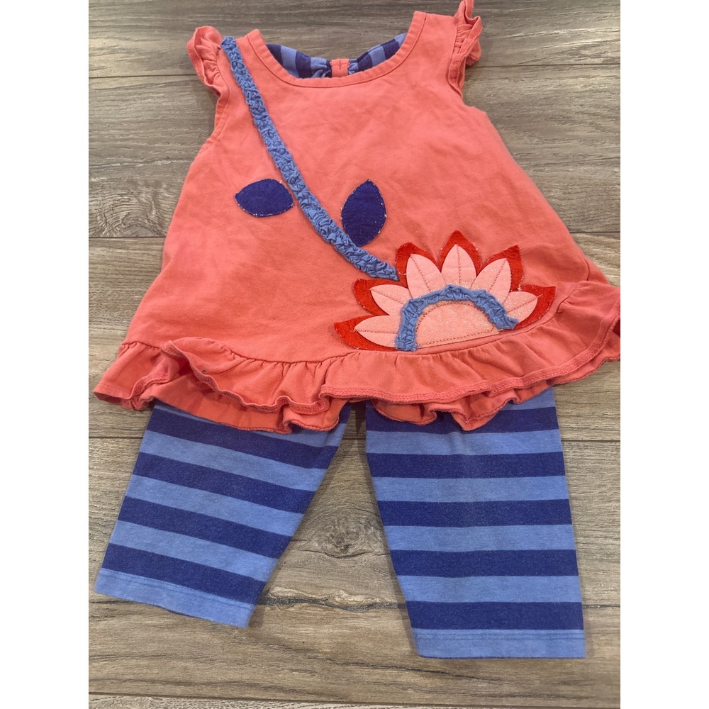 Rare Editions Girls 18M Coral Pink Floral Ruffle Tunic and Striped Leggings Set